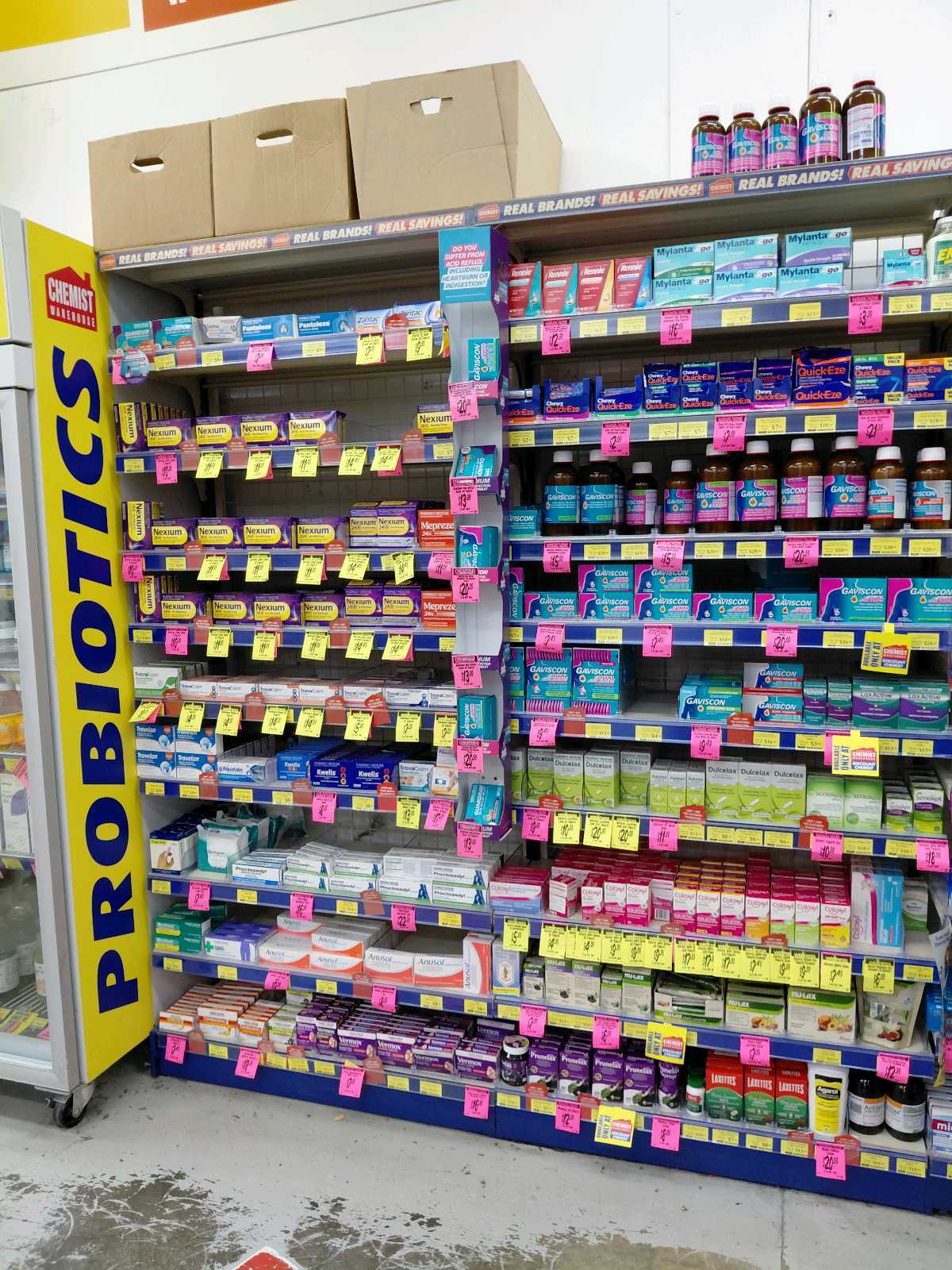 Albury digestive health bay, with Travelan displayed at the far left below the main TravaCalm shelf
